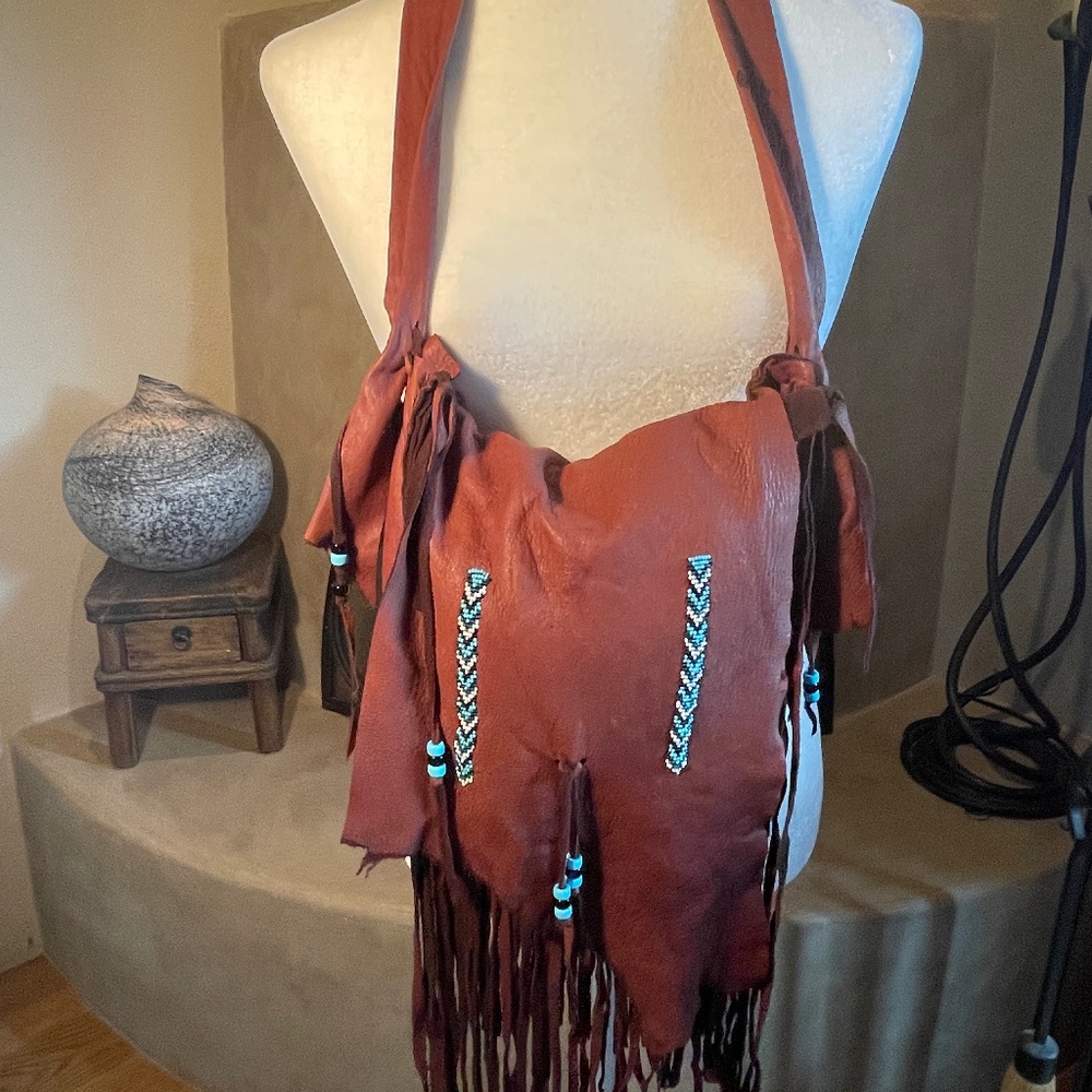 Handmade Genuine Leather Fringed, Beaded Crossbody Saddlebag.